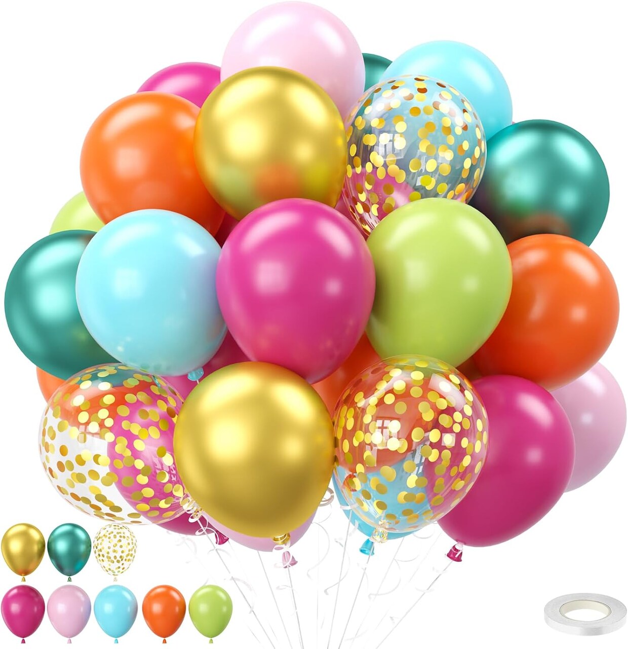 Tropical Balloons, 50 PCS 12 Inch Hawaiian Balloons Hot Pink Orange Teal Green Metallic Gold Summer Balloon for Birthday Party Aloha Luau Party